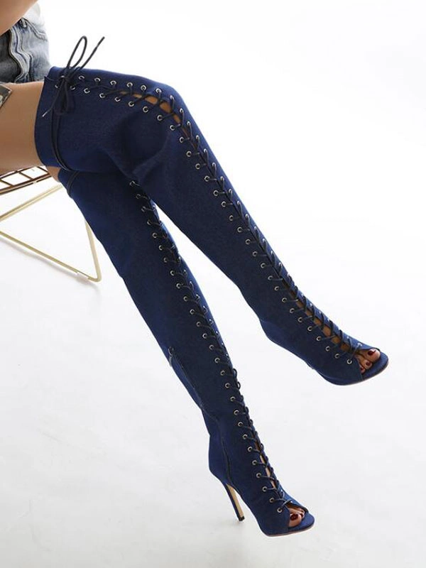 Women's Lace Up Peep Toe Thigh High Heel Boots 5 Women's Lace Up Peep Toe Thigh High Heel Boots - Image 3