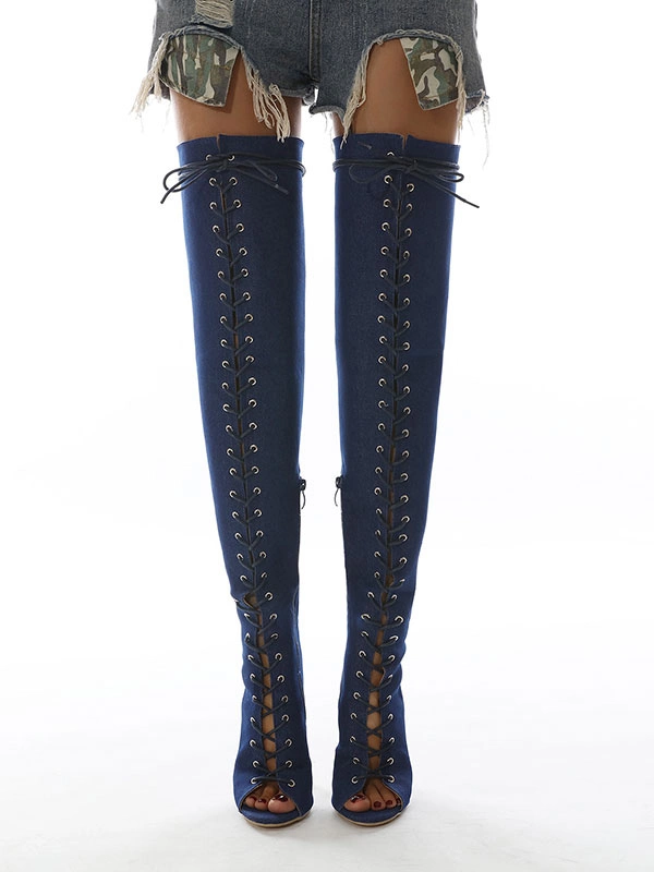 Women's Lace Up Peep Toe Thigh High Heel Boots 3 Women's Lace Up Peep Toe Thigh High Heel Boots