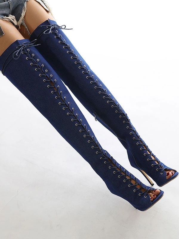 Women's Lace Up Peep Toe Thigh High Heel Boots 4 Women's Lace Up Peep Toe Thigh High Heel Boots - Image 2