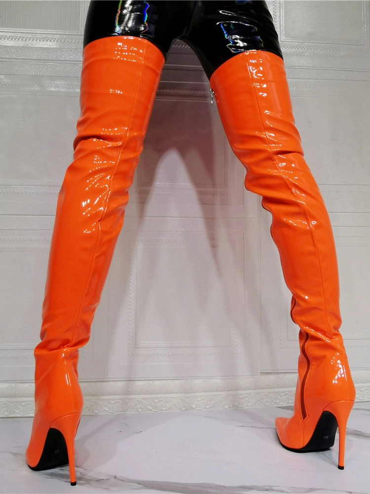 Women's Thigh High Heel Boots In Orange Patent Bright Leather 4 Women's Thigh High Heel Boots In Orange Patent Bright Leather - Image 2