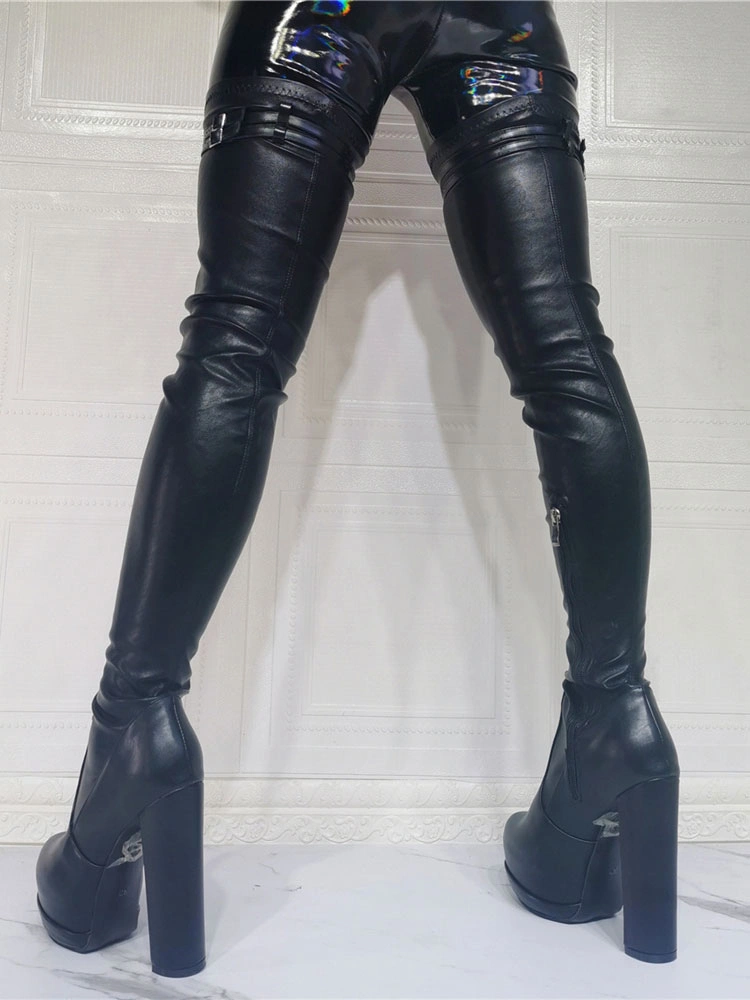 Women's Platform Chunky Heel Thigh High Boots In Black 9 Women's Platform Chunky Heel Thigh High Boots In Black - Image 7