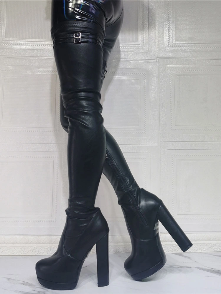 Women's Platform Chunky Heel Thigh High Boots In Black 3 Women's Platform Chunky Heel Thigh High Boots In Black