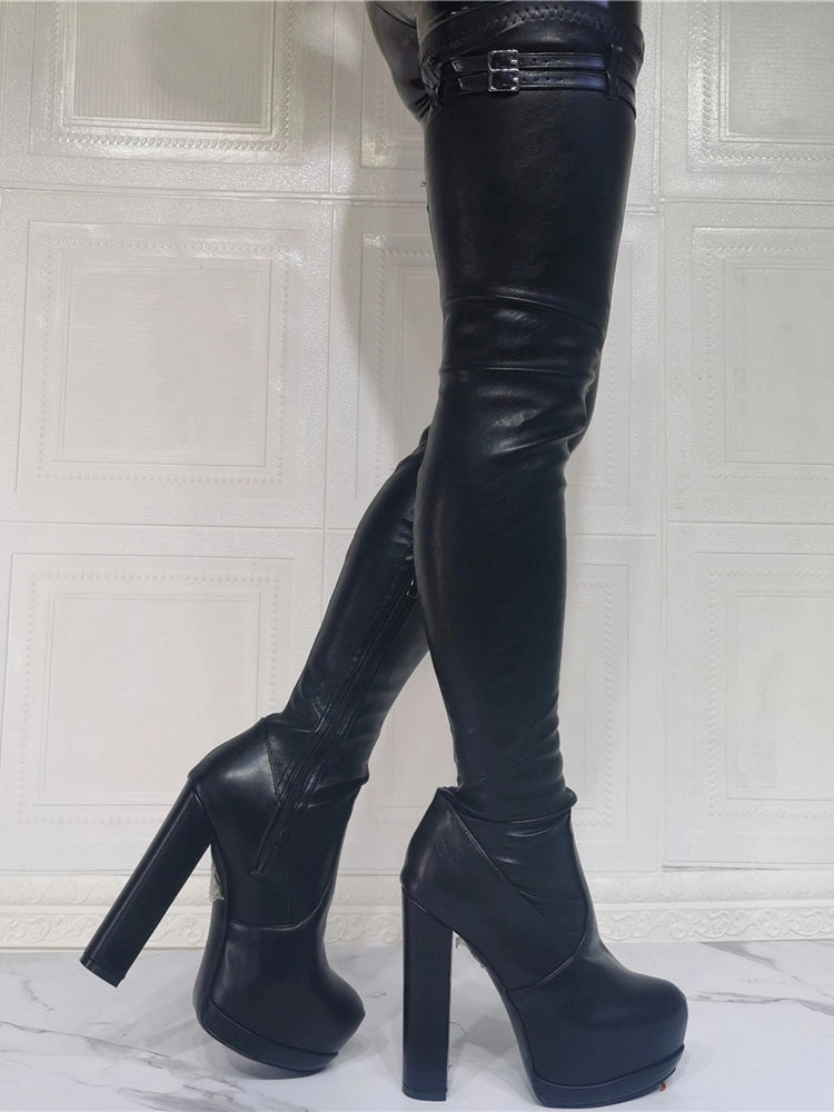 Women's Platform Chunky Heel Thigh High Boots In Black 8 Women's Platform Chunky Heel Thigh High Boots In Black - Image 6