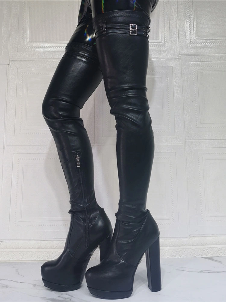 Women's Platform Chunky Heel Thigh High Boots In Black 7 Women's Platform Chunky Heel Thigh High Boots In Black - Image 5