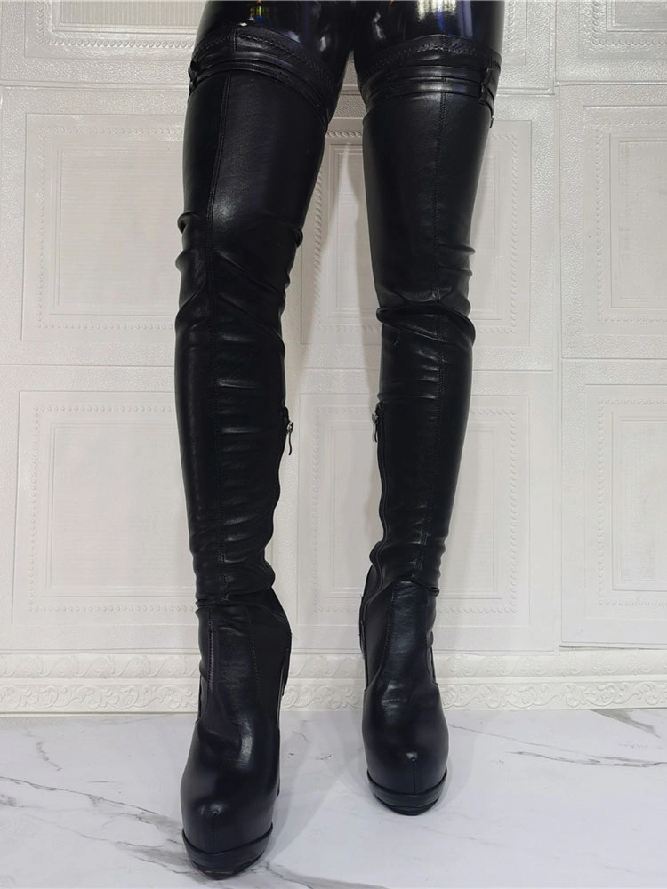 Women's Platform Chunky Heel Thigh High Boots In Black 6 Women's Platform Chunky Heel Thigh High Boots In Black - Image 4