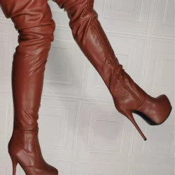 Women's Platform Stiletto Heel Wide Thigh High Boots In Pink -UK Winter Shoes Sales 2023 202107281905473876791
