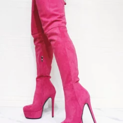 Women's Platform Thigh High Heel Boots In Pink Suede -UK Winter Shoes Sales 2023 202107281906048454503