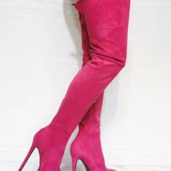 Women's Platform Thigh High Heel Boots In Pink Suede