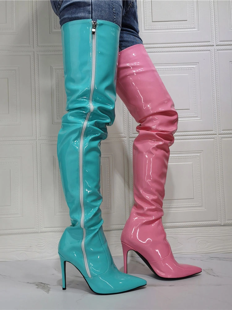 Women's Two Tone Thigh High Heel Boots In Patent Leather 3 Women's Two Tone Thigh High Heel Boots In Patent Leather
