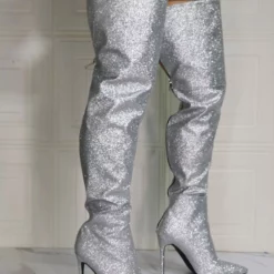 Women's Glitter Thigh High Heel Boots In Silver