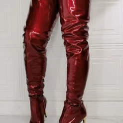 Women's Stiletto Heel Thigh High Boots In Burgundy Patent Bright Leather
