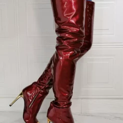 Women's Stiletto Heel Thigh High Boots In Burgundy Patent Bright Leather -UK Winter Shoes Sales 2023 2021072819073880127