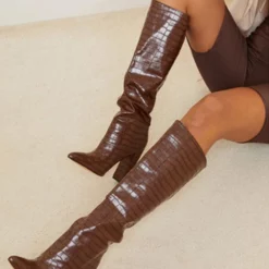 Women's Stone Grain Chunky Heel Knee High Boots Wide Calf -UK Winter Shoes Sales 2023 202107281908390479597