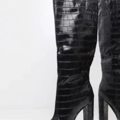 Women's Stone Grain Chunky Heel Knee High Boots Wide Calf -UK Winter Shoes Sales 2023 202107281908393684588