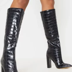 Women's Stone Grain Chunky Bright Leather Heel Knee High Boots