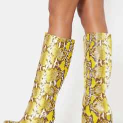 Women's Python Chunky Heel Knee-High Boots In Yellow
