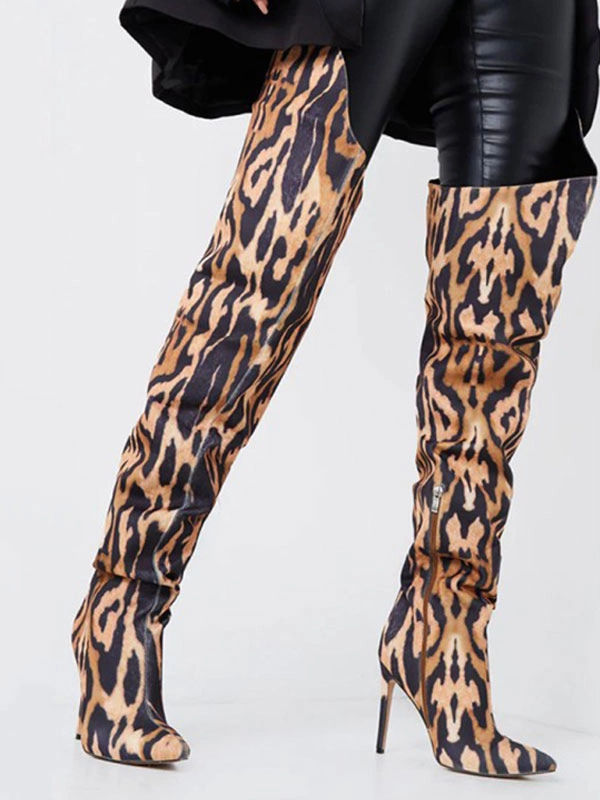 Women's Animal Print Stiletto Heel Thigh High Boots 3 Women's Animal Print Stiletto Heel Thigh High Boots