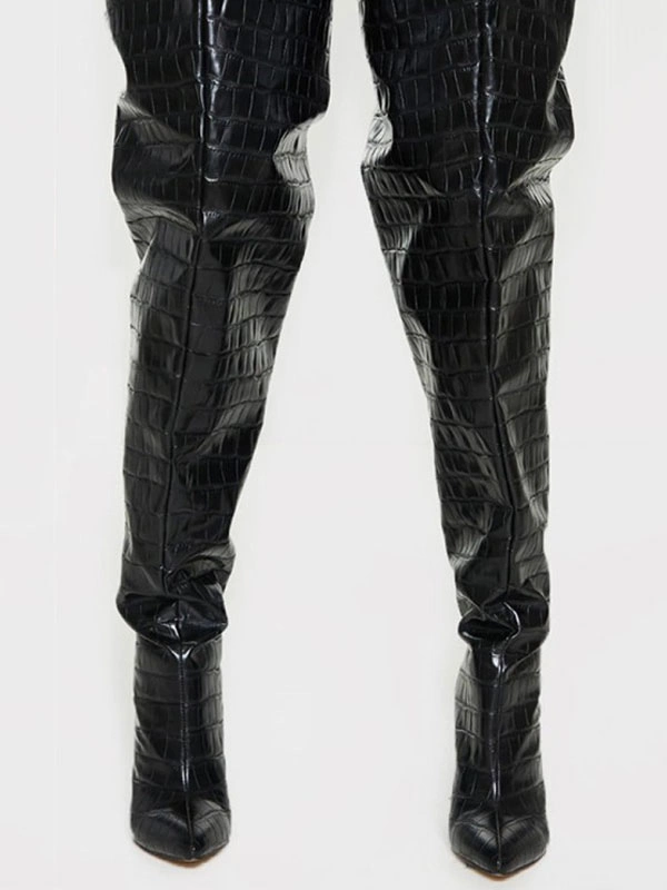 Women's Wide Stone Grain Chunky Heel Bright Leather Thigh High Boots 4 Women's Wide Stone Grain Chunky Heel Bright Leather Thigh High Boots - Image 2