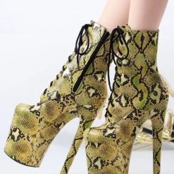 Pole Dance Shoes Women's Python Lace Up Platform Sky High Heel Ankle Boots Yellow -UK Winter Shoes Sales 2023 202108121528543411616