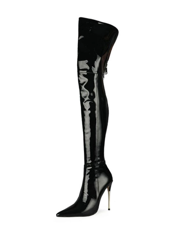 Women's Black Thigh High Heel Boots Bright Leather 4 Women's Black Thigh High Heel Boots Bright Leather - Image 2