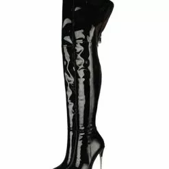 Women's Black Thigh High Heel Boots Bright Leather