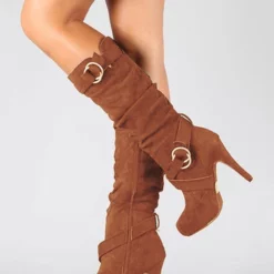 Women's Slouch Buckles Stiletto Heel Knee High Boots 7 Women's Slouch Buckles Stiletto Heel Knee High Boots -UK Winter Shoes Sales 2023 202108271732337902286