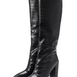 Women's Crocdile Print Chunky Heel Knee High Boots In Black -UK Winter Shoes Sales 2023 202108271732346755053