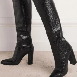 Women's Crocdile Print Chunky Heel Knee High Boots In Black -UK Winter Shoes Sales 2023 202108271732350063327