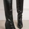 Women's Crocdile Print Chunky Heel Knee High Boots In Black -UK Winter Shoes Sales 2023 202108271732353231737