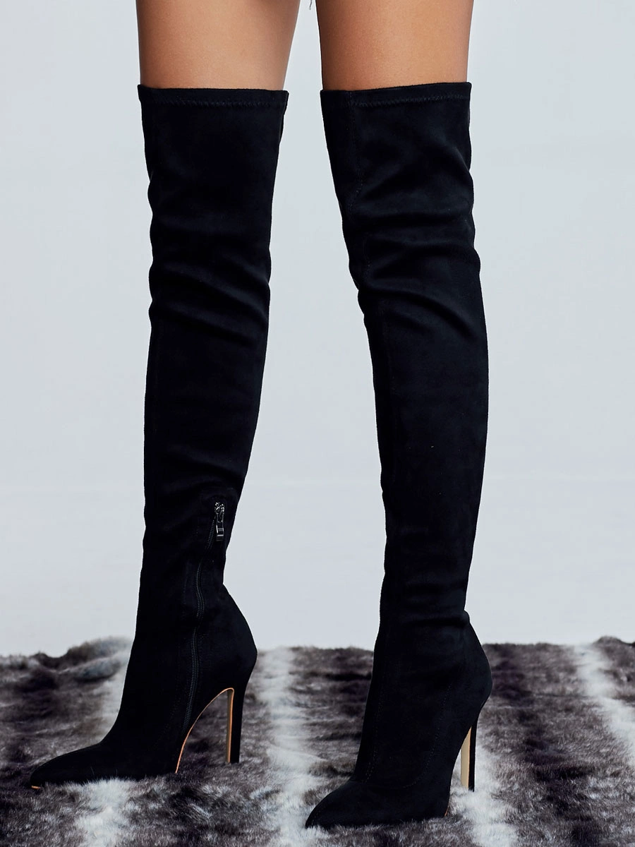Women's Stiletto Heel Thigh High Boots In Black Suede 4 Women's Stiletto Heel Thigh High Boots In Black Suede - Image 2