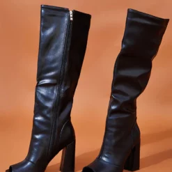 Women's Wide Calf Boots Peep Toe Chunky Heel Knee High Boots -UK Winter Shoes Sales 2023 202109261524368752393