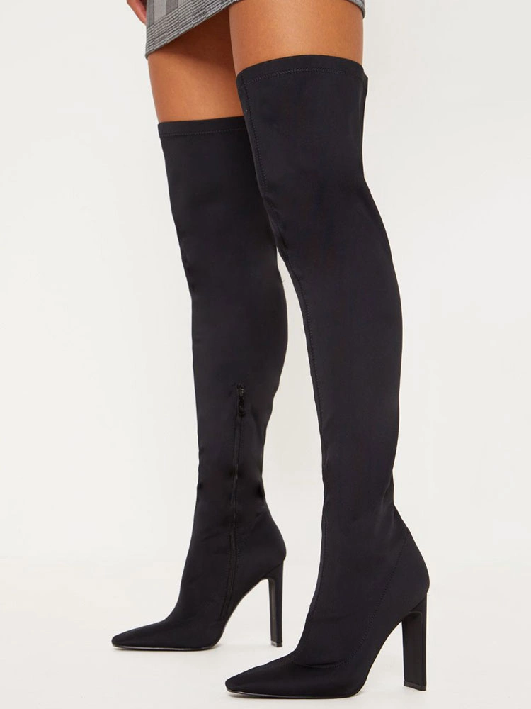 Women's Black Chunky Heel Thigh High Boots 4 Women's Black Chunky Heel Thigh High Boots - Image 2