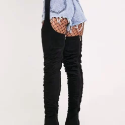 Women's Thigh High Belt Boots Chunky Heel Black Faux Suede -UK Winter Shoes Sales 2023 202109261526003876969