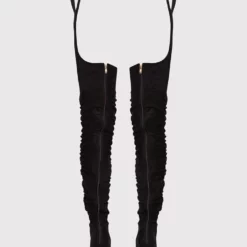 Women's Thigh High Belt Boots Chunky Heel Black Faux Suede -UK Winter Shoes Sales 2023 202109261526014574860