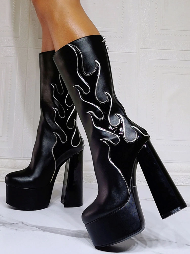 Women Boots Geometric Platforms High Heel Chunky Heel Black Mid Calf Boots 9 Women Boots Geometric Platforms High Heel Chunky Heel Black Mid Calf Boots - Image 7