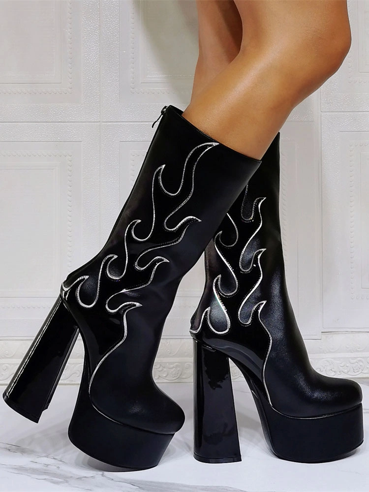 Women Boots Geometric Platforms High Heel Chunky Heel Black Mid Calf Boots 4 Women Boots Geometric Platforms High Heel Chunky Heel Black Mid Calf Boots - Image 2