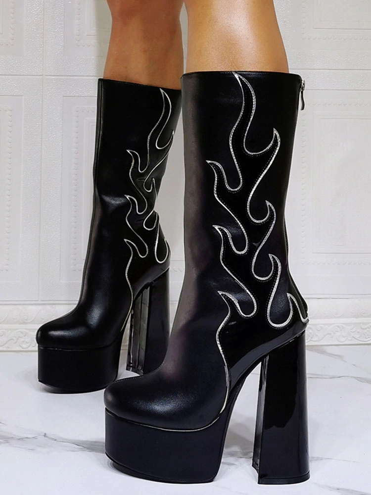 Women Boots Geometric Platforms High Heel Chunky Heel Black Mid Calf Boots 6 Women Boots Geometric Platforms High Heel Chunky Heel Black Mid Calf Boots - Image 4