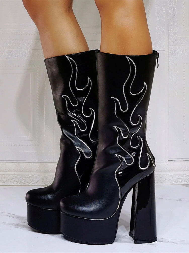 Women Boots Geometric Platforms High Heel Chunky Heel Black Mid Calf Boots 8 Women Boots Geometric Platforms High Heel Chunky Heel Black Mid Calf Boots - Image 6