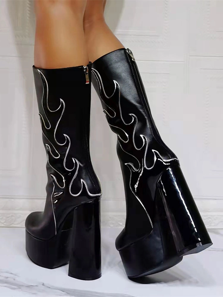 Women Boots Geometric Platforms High Heel Chunky Heel Black Mid Calf Boots 7 Women Boots Geometric Platforms High Heel Chunky Heel Black Mid Calf Boots - Image 5