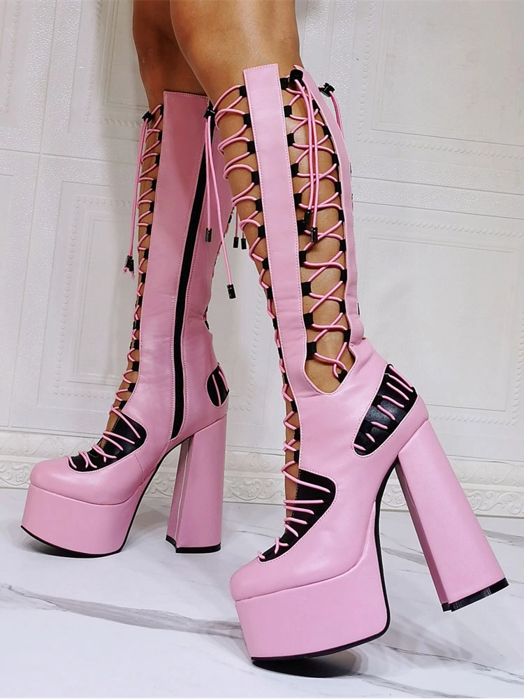 Women Pink Boots Chunky Heel PlatformsPU Leather Knee High Summer Boots 9 Women Pink Boots Chunky Heel PlatformsPU Leather Knee High Summer Boots - Image 7
