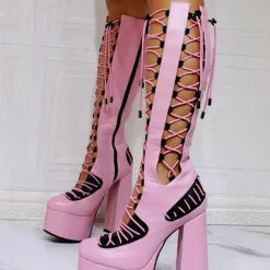 Women Pink Boots Chunky Heel PlatformsPU Leather Knee High Summer Boots 14 Women Pink Boots Chunky Heel PlatformsPU Leather Knee High Summer Boots -UK Winter Shoes Sales 2023 202110081747233474589