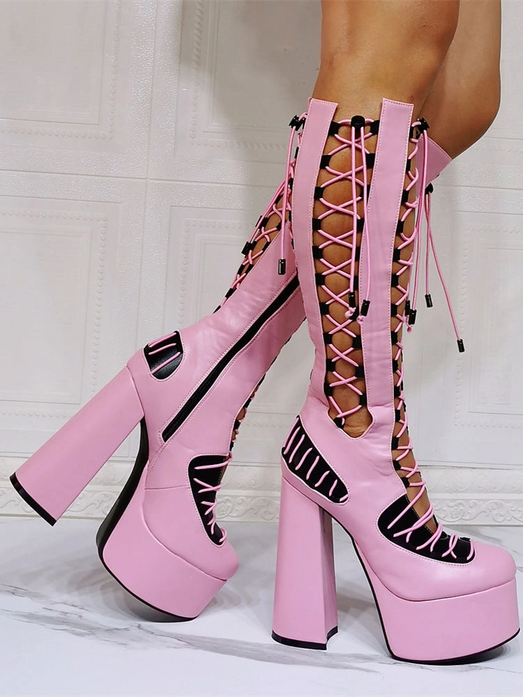 Women Pink Boots Chunky Heel PlatformsPU Leather Knee High Summer Boots 7 Women Pink Boots Chunky Heel PlatformsPU Leather Knee High Summer Boots - Image 5