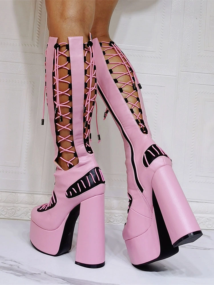 Women Pink Boots Chunky Heel PlatformsPU Leather Knee High Summer Boots 5 Women Pink Boots Chunky Heel PlatformsPU Leather Knee High Summer Boots - Image 3