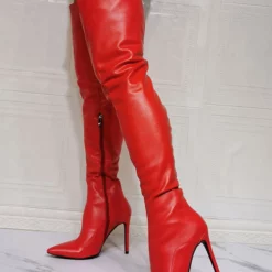 Women Over The Knee Boots Plus Size Stiletto Heel PU Leather Red Thigh High Boot -UK Winter Shoes Sales 2023 202110111344457223439
