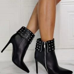 Women Booties Pointed Toe Stiletto Heel PU Leather High Tops Black Ankle Boots -UK Winter Shoes Sales 2023 202110111344589191399