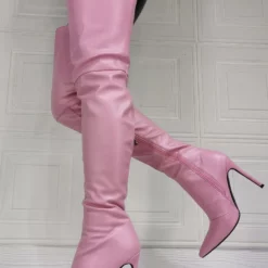 Women Over The Knee Boots Plus Size Stiletto Heel PU Leather Light Pink Thigh High Boots -UK Winter Shoes Sales 2023 202110111345390635334