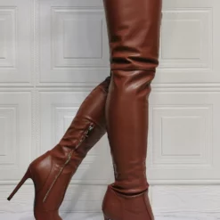 Women Over The Knee Boots Plus Size Stiletto Heel PU Leather Coffee Brown Thigh High Boots -UK Winter Shoes Sales 2023 202110111345440538863