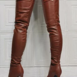 Women Over The Knee Boots Plus Size Stiletto Heel PU Leather Coffee Brown Thigh High Boots -UK Winter Shoes Sales 2023 202110111345443738304