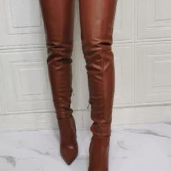 Women Over The Knee Boots Plus Size Stiletto Heel PU Leather Coffee Brown Thigh High Boots -UK Winter Shoes Sales 2023 202110111345456385433