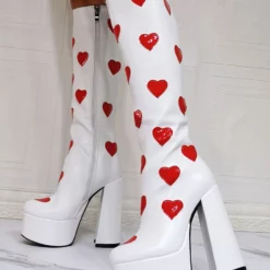 Women Boots Heat Pattern Plus Size Platform Round Toe Chunky Heel White Knee High Boots